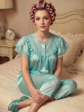 VTG Nancy King Lingerie Lace trim pj top